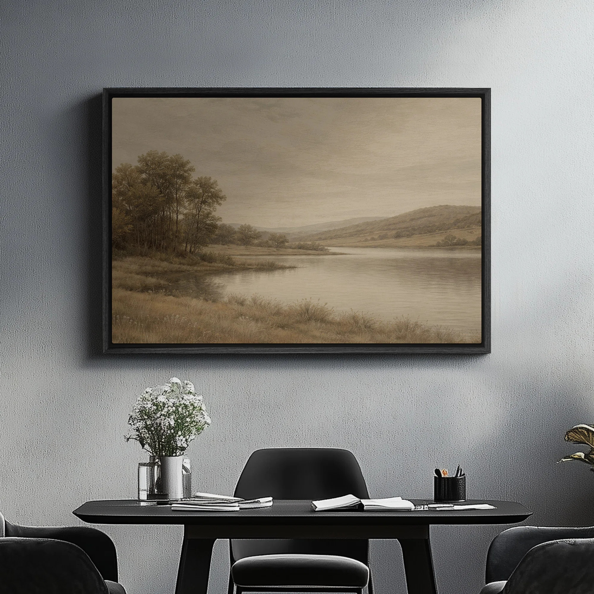 Framed Canvas Wall Art - Tranquil River Landscape with Trees and Rolling Hills in Warm Neutrals - 16"x24", 24"x36 | Wayfair North America