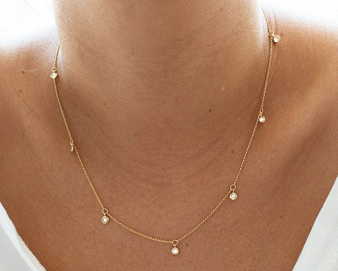 Gold Necklace, Gold Choker Necklace, Gold Necklace Dainty, Gold Diamond Necklace, Diamond Station... | Etsy (US)