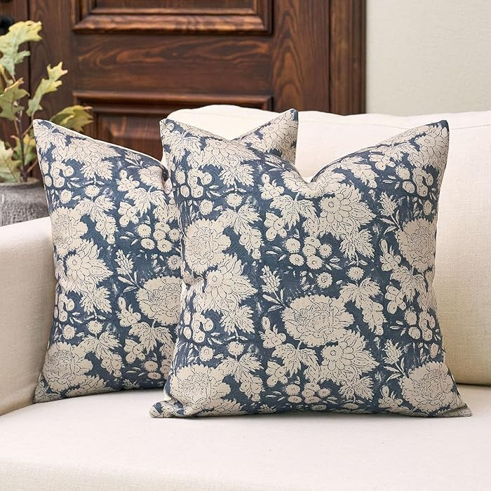 DOMVITUS Floral Pillow Covers 18x18 Set of 2, Vintage Block Print Pillow Covers Neutral Decorativ... | Amazon (US)
