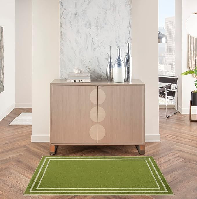 Nourison Essentials Indoor/Outdoor Solid Bordered Green Ivory 3' x 5' Area Rug, Easy Cleaning, No... | Amazon (US)