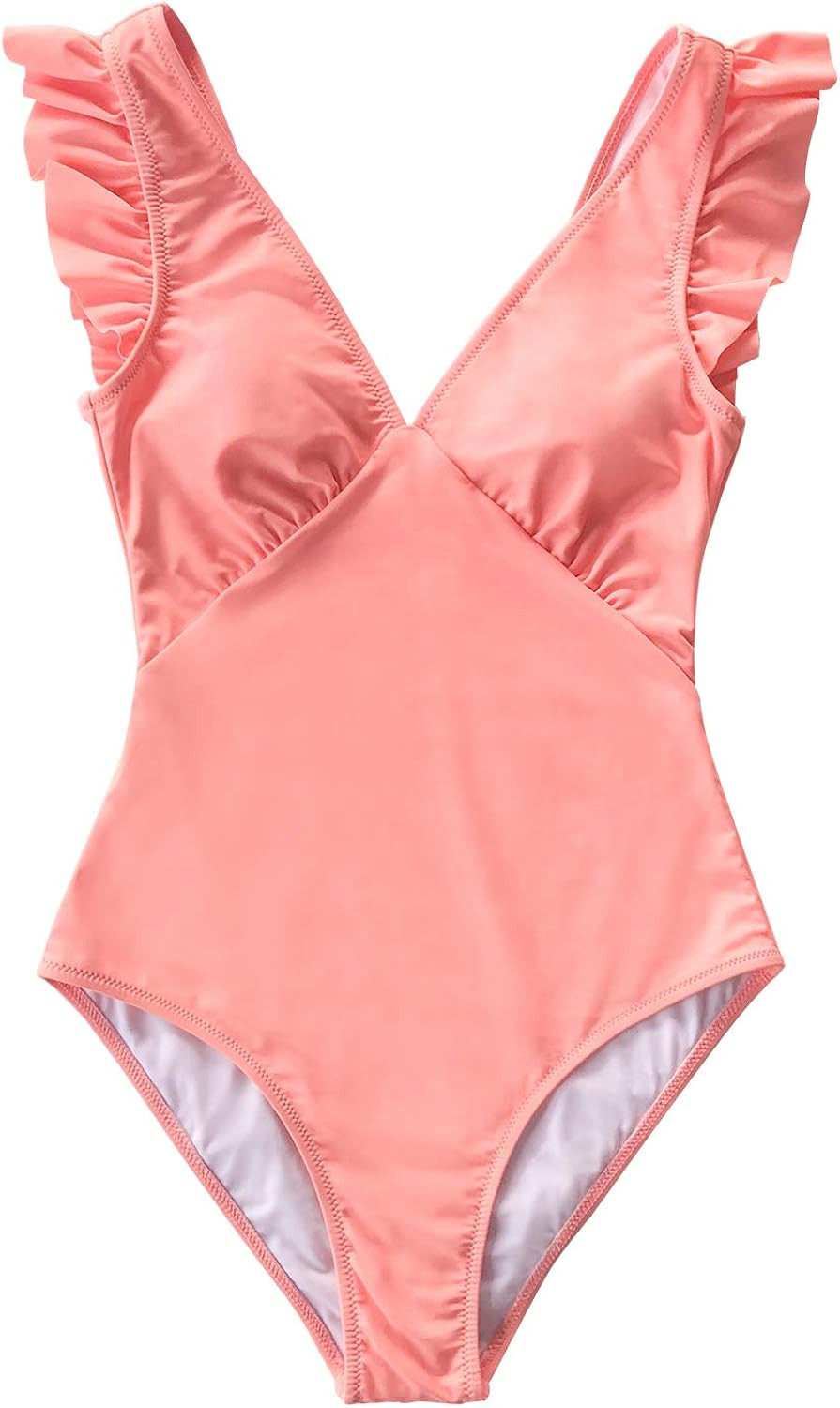 CUPSHE Women's One Piece Swimsuit V Neck Ruched Ruffle Shoulder Swimwear Bathing Suits | Amazon (US)