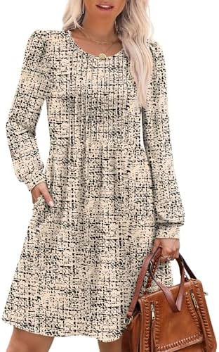 OFEEFAN Long Sleeve Dress for Women Pleated Crew Neck Casual Babydoll Sweater Dress with Pockets ... | Amazon (US)