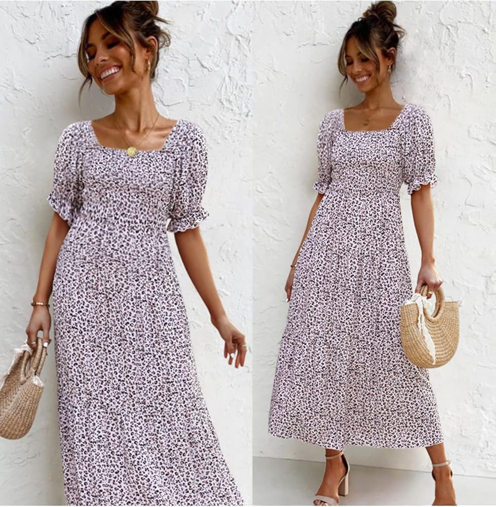 Angashion Women Square Neck Dress Solid Short Puff Sleeve Smocked Waist Knee Length Ruffle Summer Mi | Amazon (US)