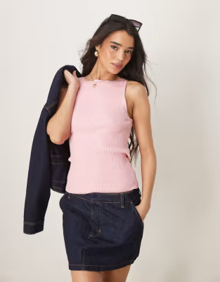 ASOS DESIGN knit slash neck ribbed cami top in pink | ASOS (Global)