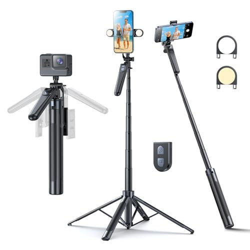Hesheng Selfie Stick,71" Tripod for iPhone,360°Rotation with Wireless Remote,Portable Aluminum Cellphone Stand,Vlog Live Stream Video Recording Compatible with iPhone Android, Camera(with Light) | Amazon (US)