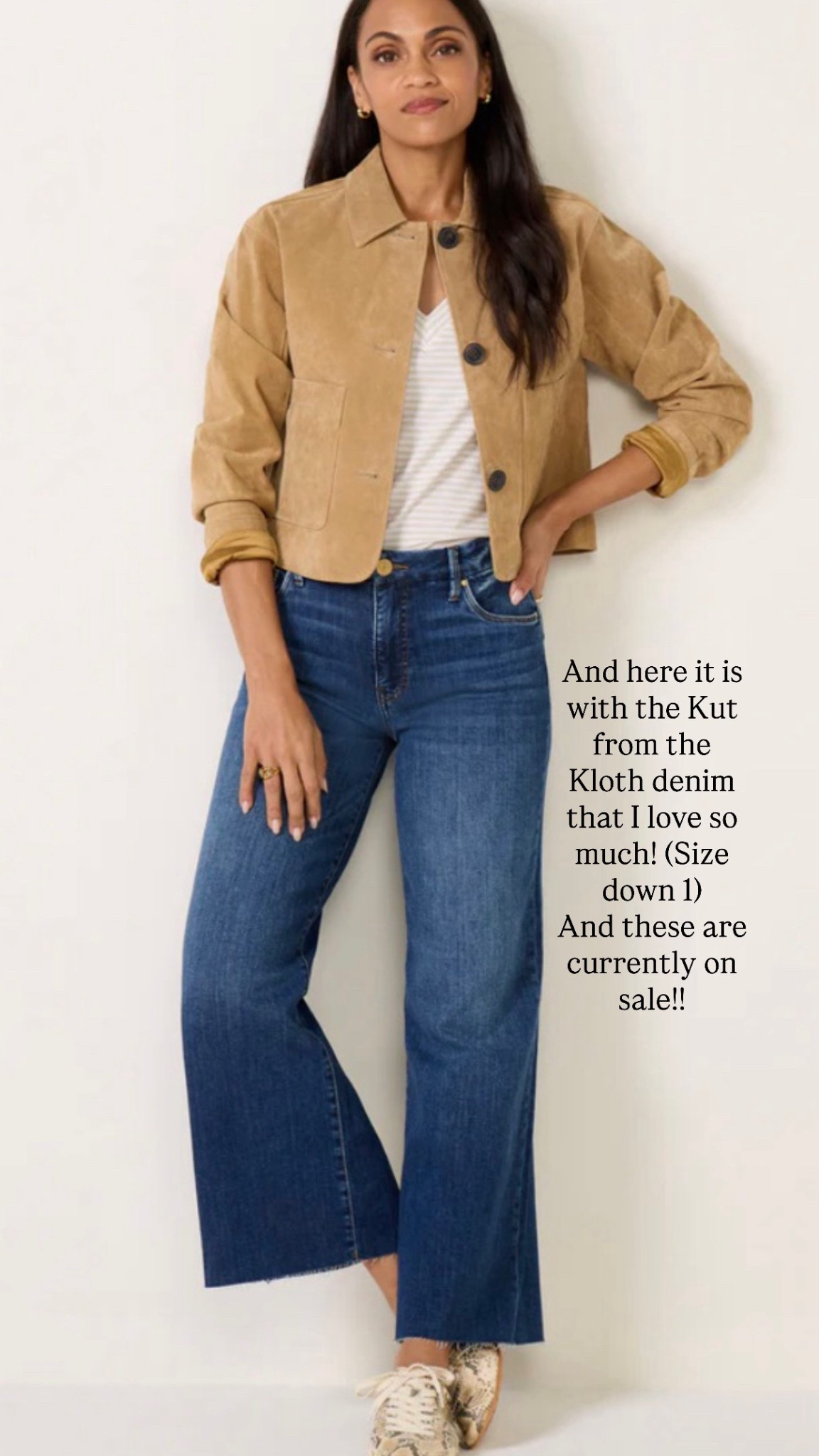 Denim is currently on sale! 
$89
This is the way jacket that I have, and another color that has sold out, but loving this color as well. Paired here with the denim that I love from Everev . Reminder to size down in these.Put from the Kloth denim



#LTKootd #LTKSaleAlert #LTKOver40