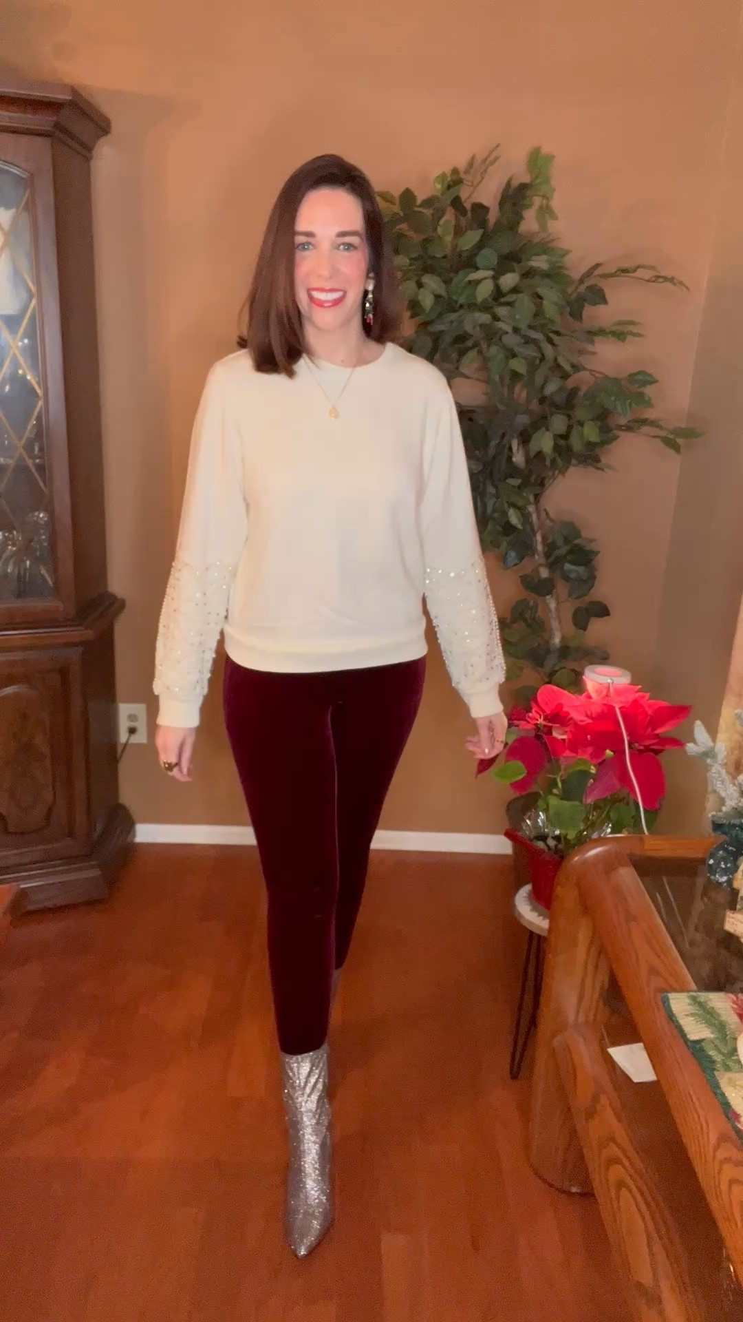 White embellished sweater (small). Burgundy velvet leggings (small). Silver multicolor boots (9). #sweater #whitesweater #embellishedsweater #leggings #velvetleggings #burgundyleggings #boots #silverboots #multicolorboots #winteroutfit 
winter capsule wardrobe 
Valentine’s Day outfitt
date night outfits

#LTKSeasonal #LTKFindsUnder50 #LTKFindsUnder100