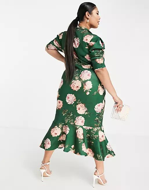 ASOS DESIGN Curve puff sleeve tux midi dress in teal floral print | ASOS (Global)