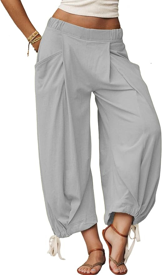 Womens Baggy Wide Leg Pants Cotton Loose Elastic Waisted Lounge Harem Beach Palazzo Trousers with... | Amazon (US)