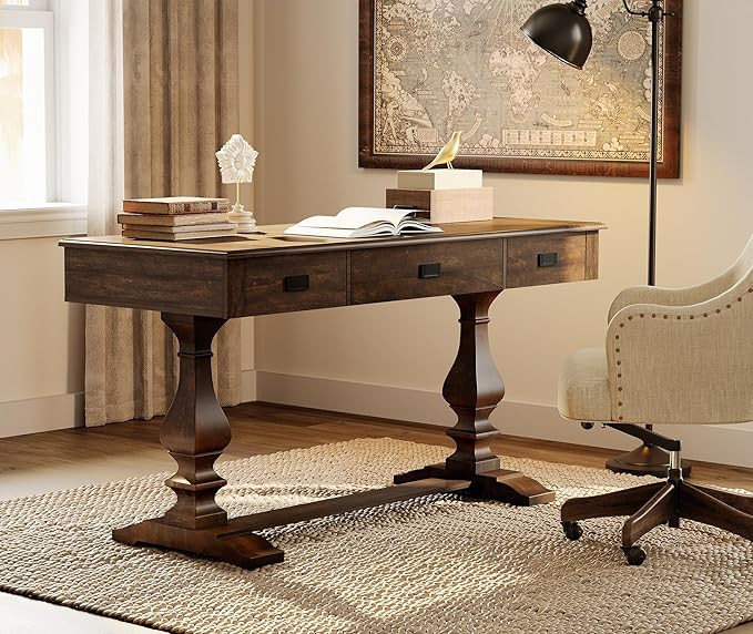 WAMPAT 60-inch Vintage Wood Home Office Desk with Stable Solid Wood Pedestral Legs, Tradional Rus... | Amazon (US)