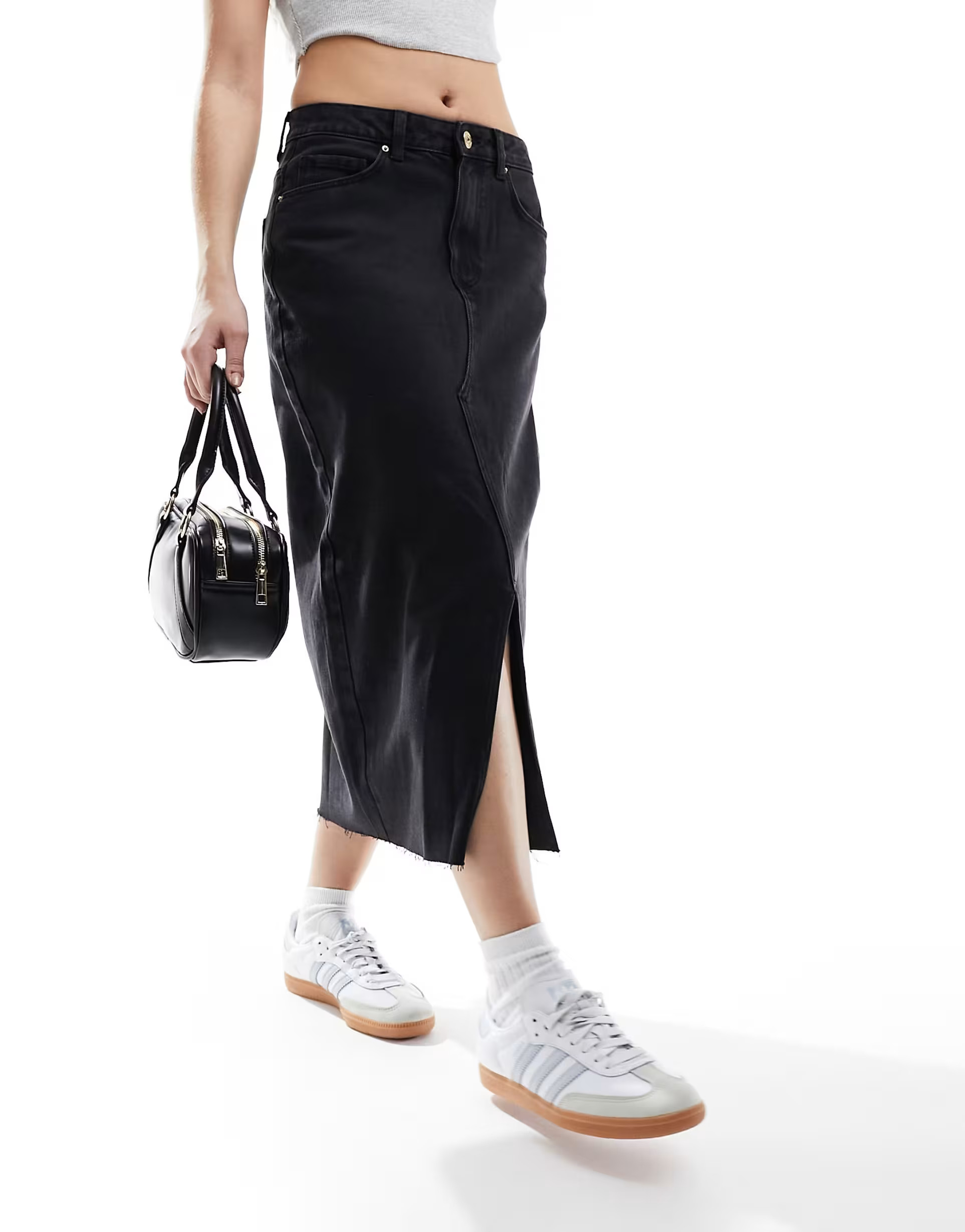 Pieces front split denim midi skirt in washed black | ASOS (Global)