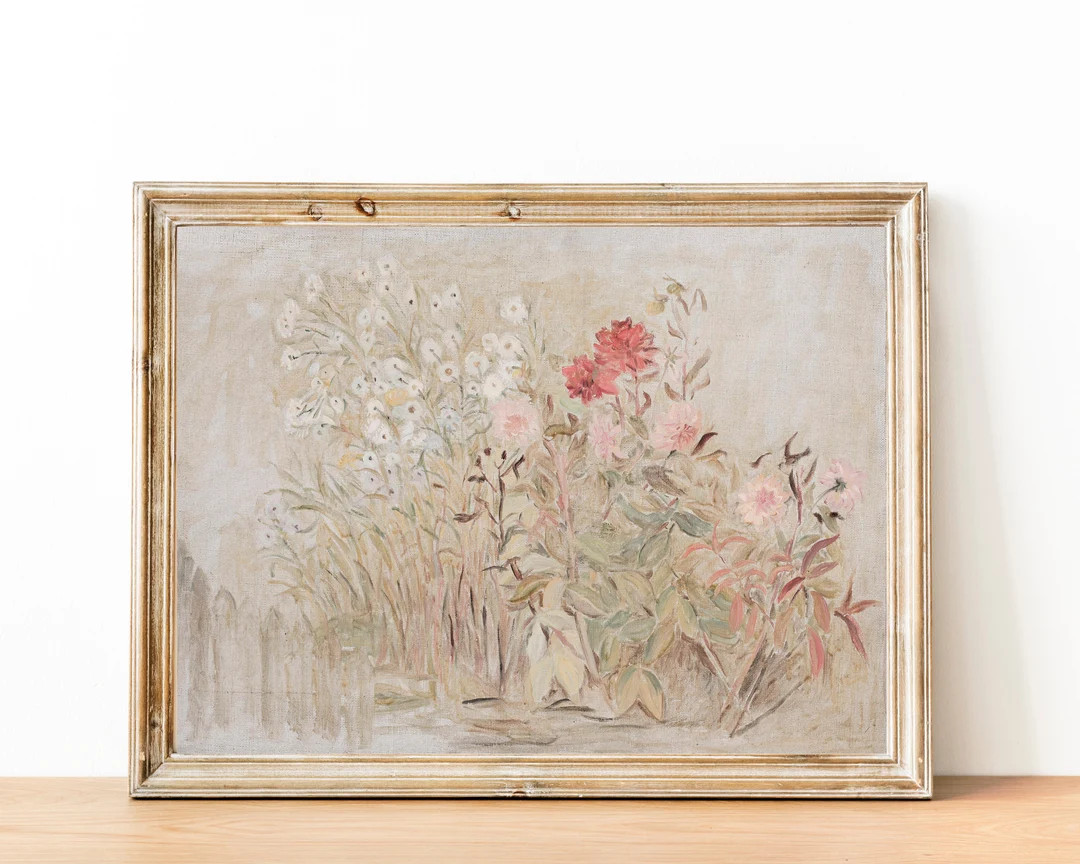 Antique Country Cottage Flower Painting, Spring Garden Landscape Art, Muted Flower Wall Art, Girl... | Etsy (US)