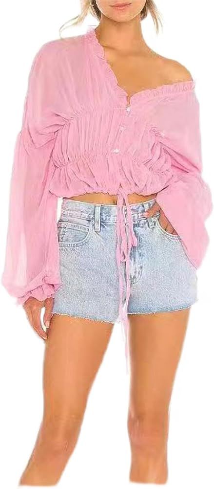 Womens' Blouses Sexy V Neck Long Puff Sleeve Button Down Summer Beach Shirt Tops | Amazon (US)