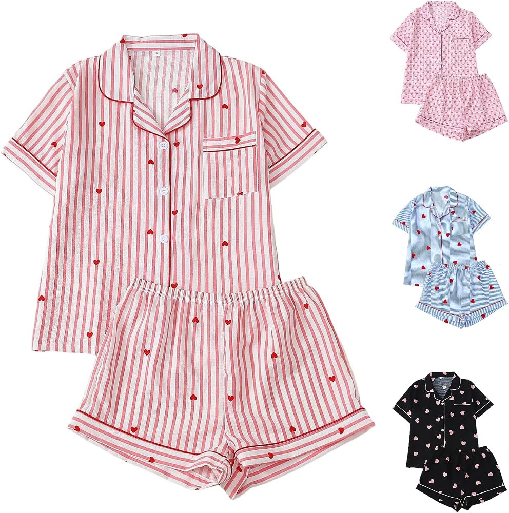 Heart Pajamas Women Valentines Short Sleeve Button Shirts and Pj Shorts Cute Holiday 2 Piece Pjs ... | Amazon (US)