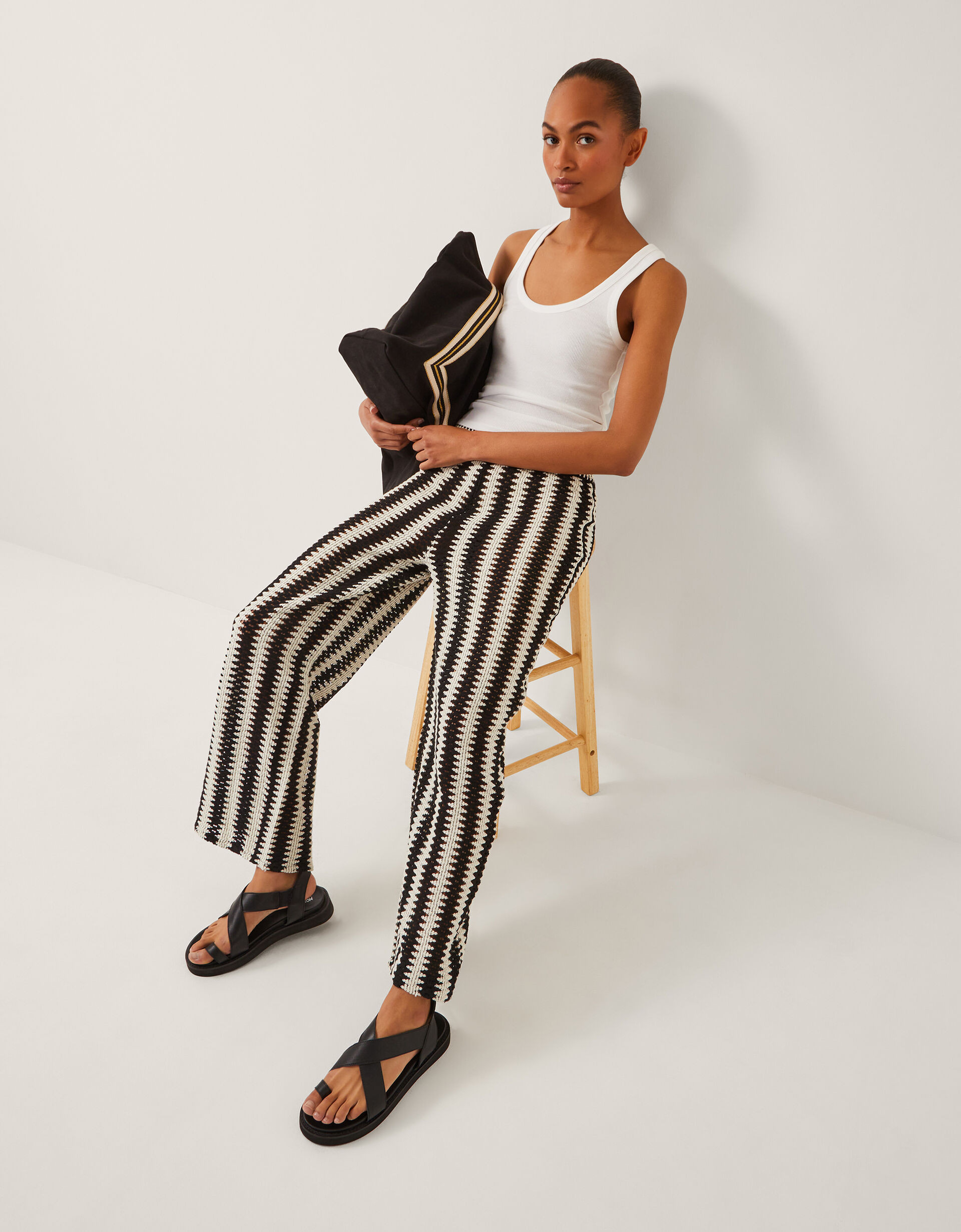 Cleo Crochet Stripe Wide Leg Trousers Black | Monsoon (UK)