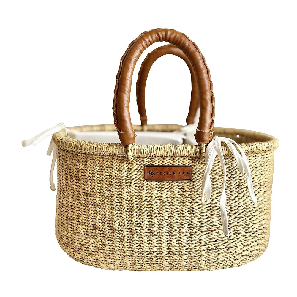 Design Dua Baby Diaper Caddy Organizer in Natural Grass w Removable Divider. Pure Leather Handles... | Amazon (US)