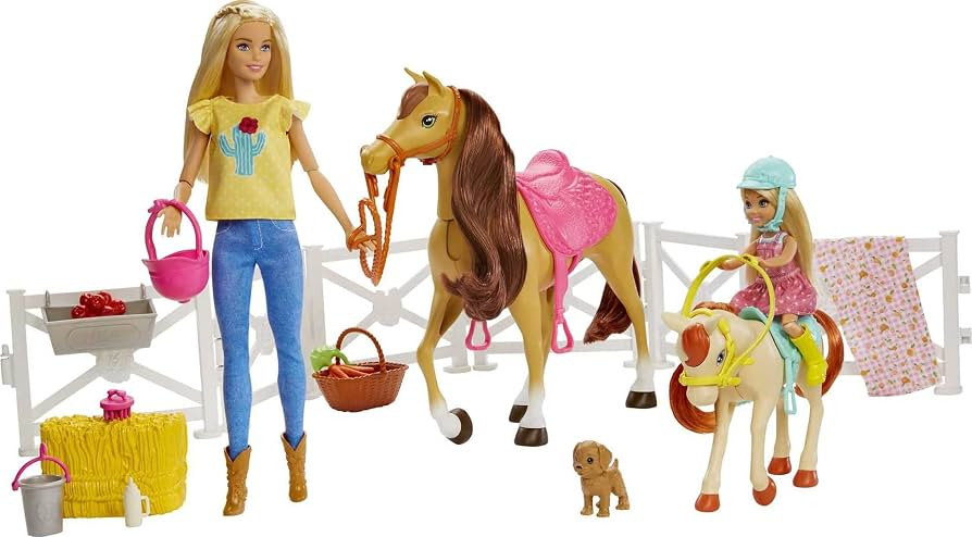 Barbie Playset with Barbie and Chelsea Blonde Dolls, 2 Horses with Bobbling Heads and 15+ Toy Acc... | Amazon (CA)