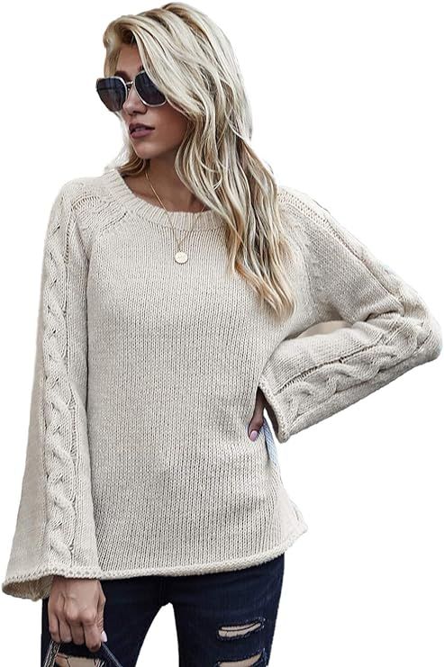 Elysa Kees Womens Casual Bell Sleeve Sweaters Cable Knit Pullover Crew Neck Lightweight Loose Fit... | Amazon (US)