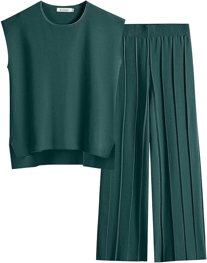 ANRABESS Women 2 Piece Outfits Casual Summer Sleeveless Tops Knit Pants Sweater Lounge Matching S... | Amazon (US)