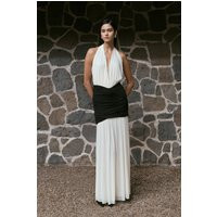 Hailee Slinky And Mesh Halter Maxi Dress / Black/White | MESHKI | M | MESHKI US