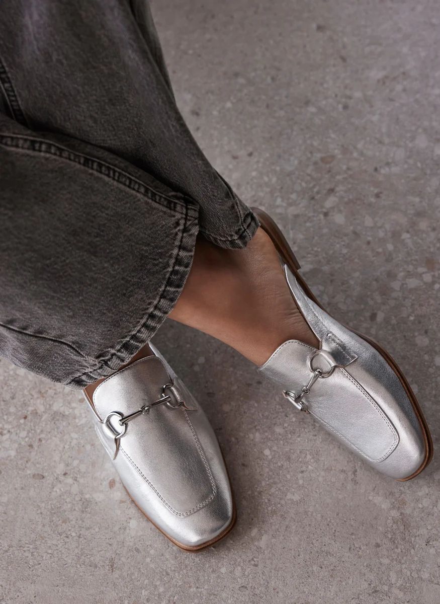Silver Leather Backless Loafers | Mint Velvet