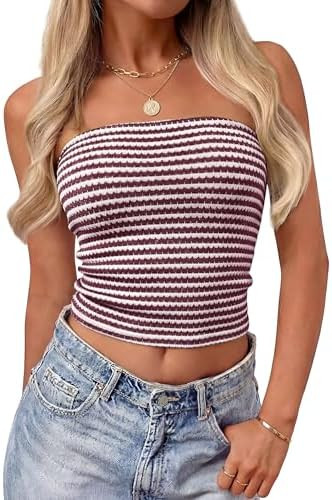 ZESICA Women's Spring Striped Strapless Crop Tube Tops 2026 Summer Knit Bandeau Going Out Shirts ... | Amazon (US)