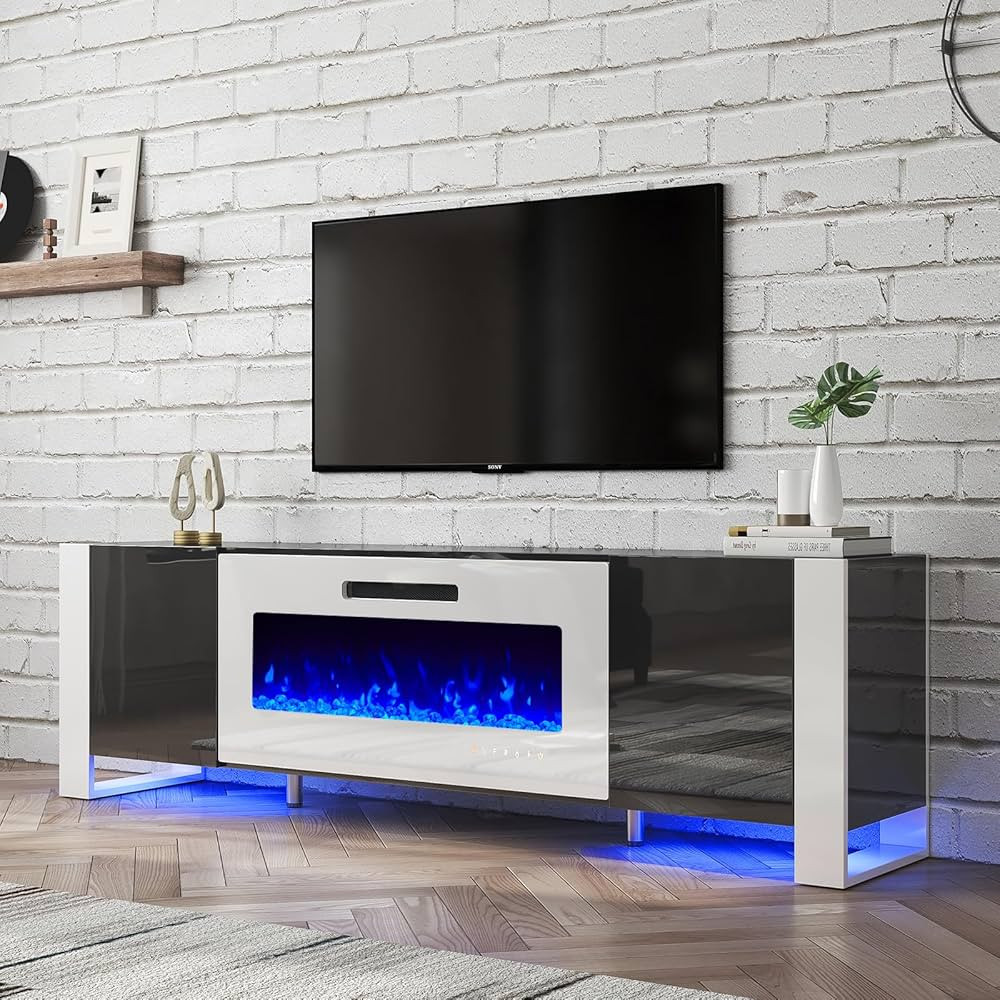 U-Shaped Legs 70" Fireplace TV Stand, Mirrored Finish Media Console with 36" Electric Fireplace, ... | Amazon (US)