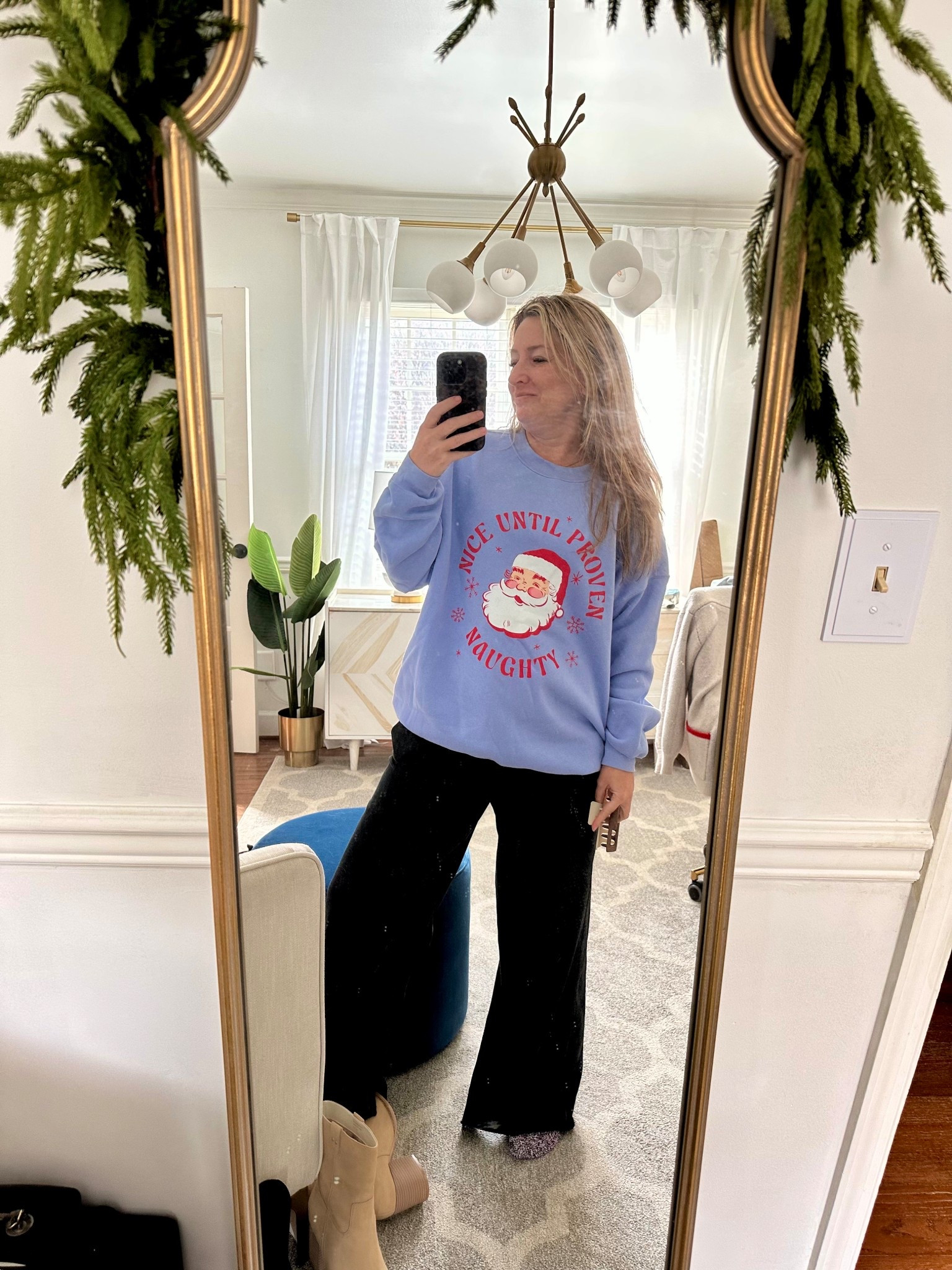 Cheeky graphic holiday sweatshirt
Wearing med and this is a great sweatshirt 
Nice until proven Naughty
Pink lily
Code December 

#LTKPetite #LTKHoliday #LTKActive