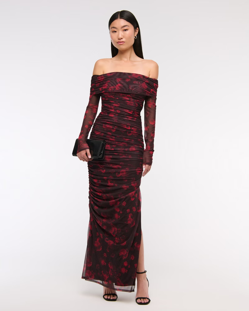 Long-Sleeve Mesh Asymmetrical Draped Maxi Dress | Abercrombie & Fitch (US)