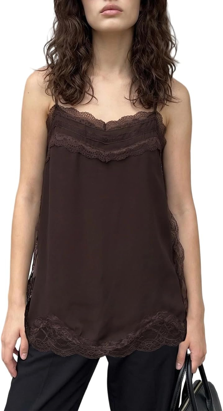 Long Lace Camisole Tops for Women Square Neck Side Split Flowy Tank Top Chiffon Lace Trim Cami Tunic Undershirt | Amazon (US)