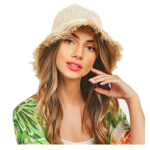 boderier Womens Straw Hat Beach Sun Hat Floppy Frayed Crochet Foldable Straw Bucket Hat Summer Beach Accessories Beige | Amazon (US)