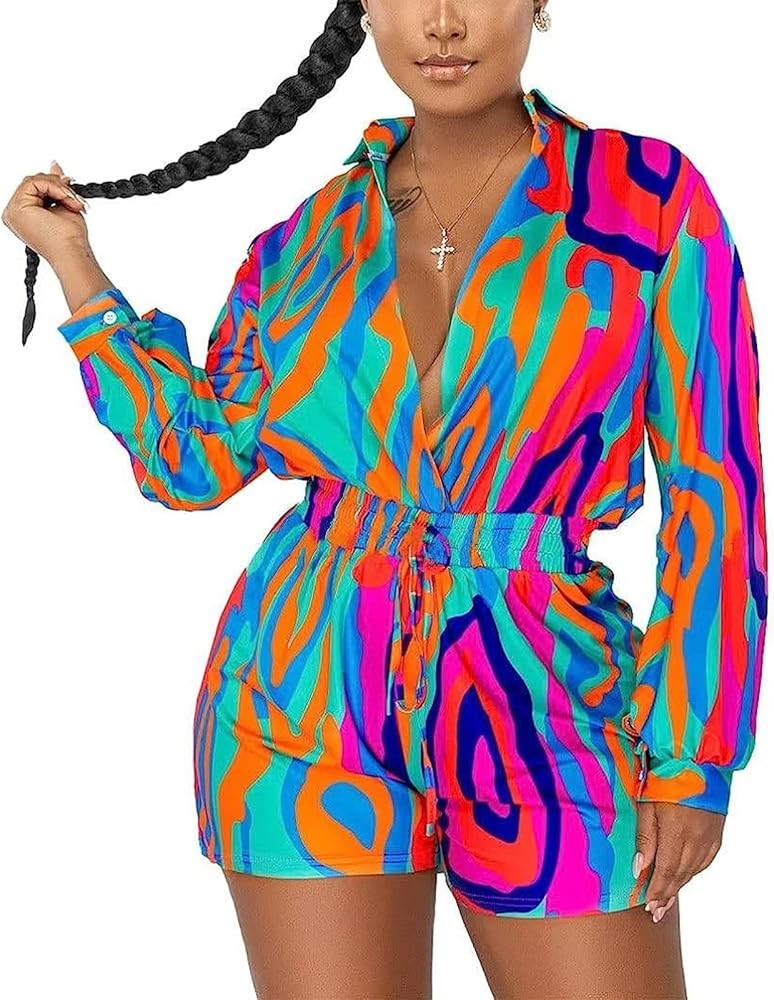 Women's Long Sleeve Rompers Sexy Deep V Neck Elastic Waisted Floral Print Shorts Jumpsuits One Pi... | Amazon (US)