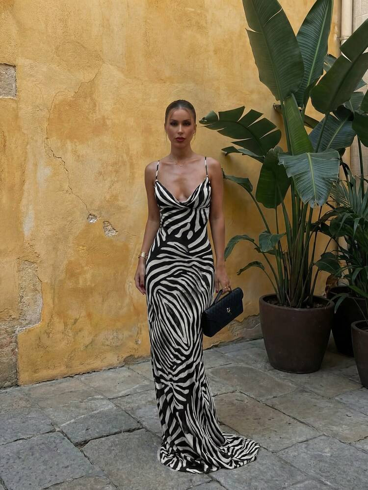 Glamful Elegant Casual Backless Tie Leopard Print Zebra Stripe Dress, Suitable For Party, Beach, Vacation, Summer | SHEIN
