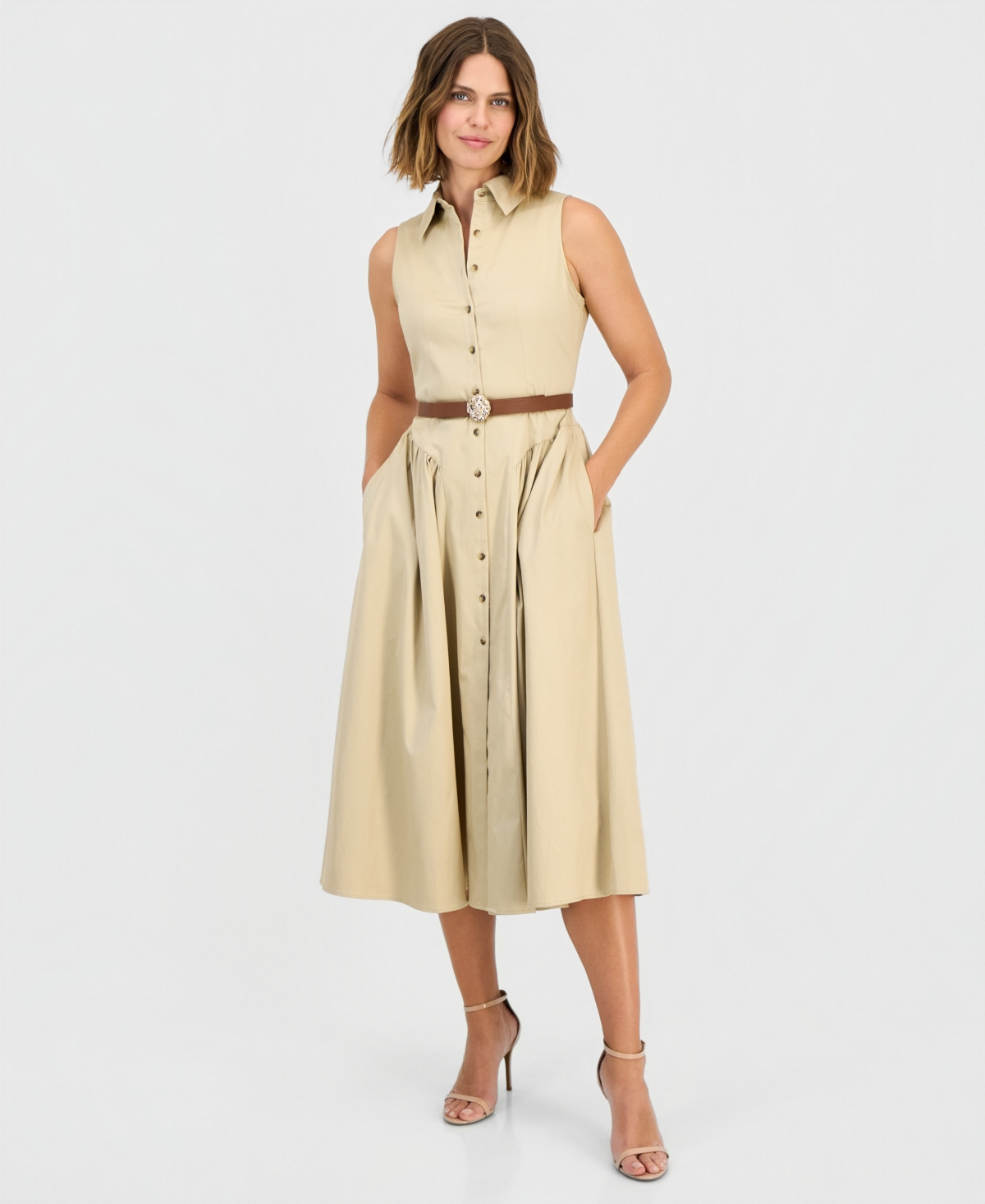 Anne Klein Women's Sleeveless Belted Shirtdress - Safari | Macy's