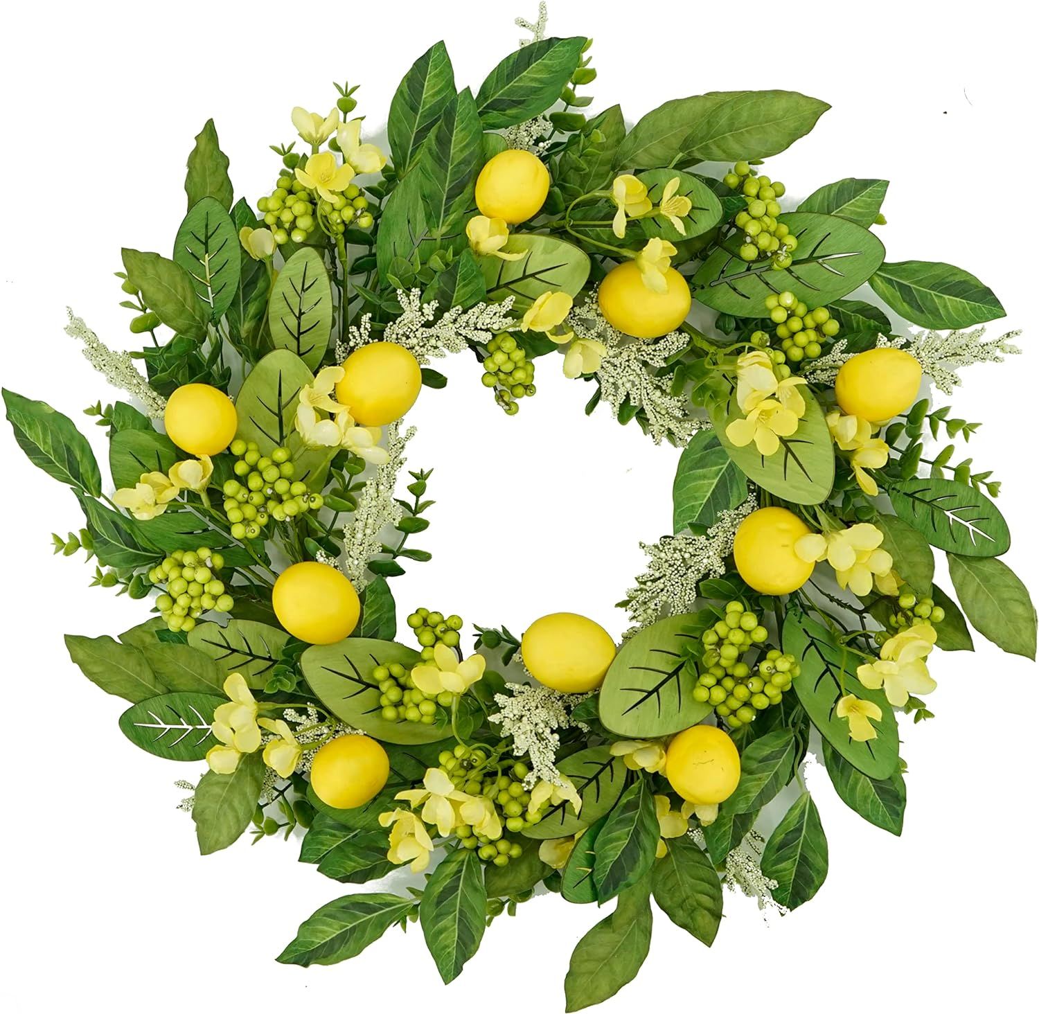 Artificial Spring Summer Wreath Lemon Wreath for Front Door with Green Wood Leaves, Lifelike Lemo... | Amazon (US)