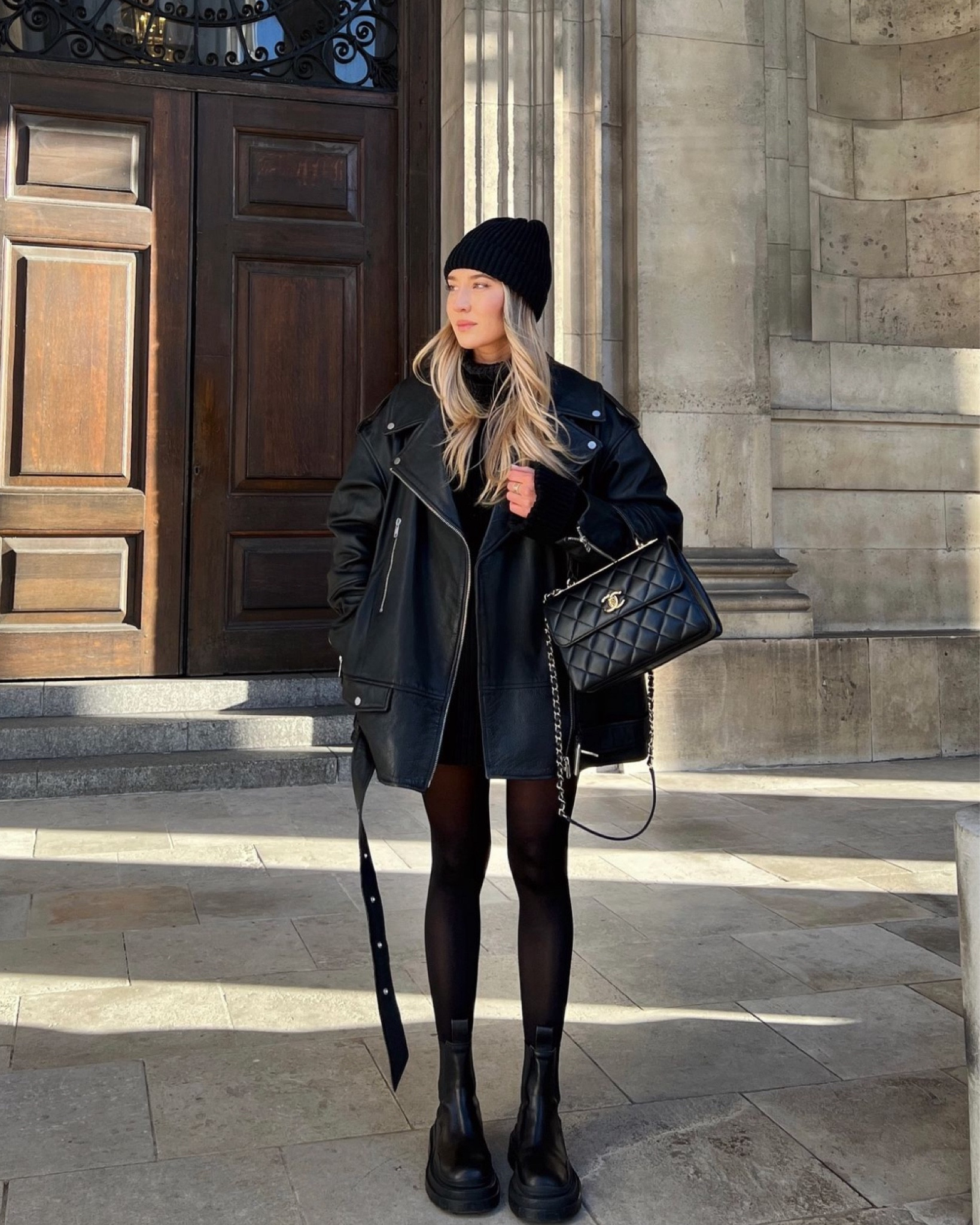 All Black Autumn Looks 05 - oversized black leather jacket, jumper dress, tights and boots for an easy autumn outfit 

#LTKautumn #LTKstyletip