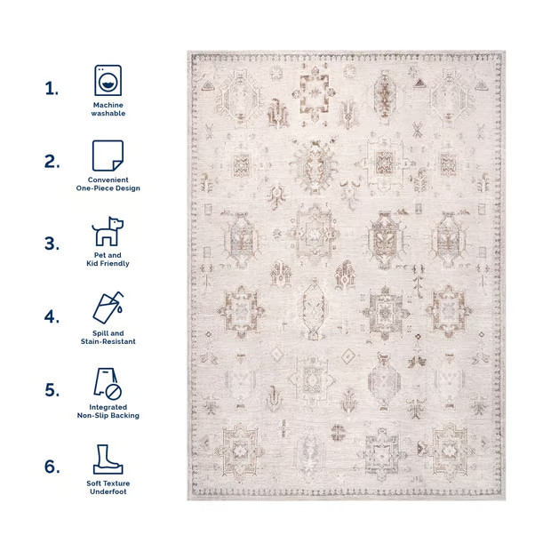 Beige Brenda Hazy Heraldry Washable Area Rug | Rugs USA