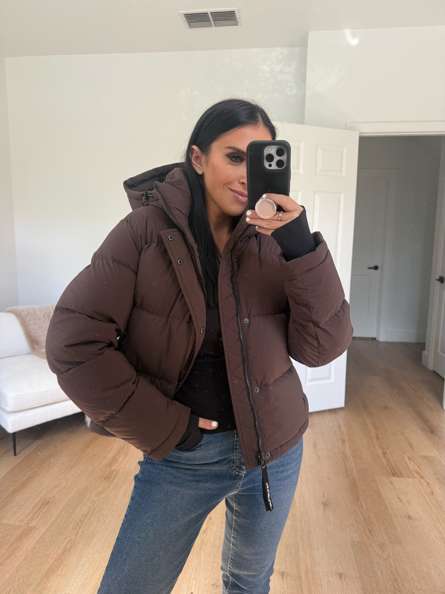 The Super Puff™ The Super Puff™ Shorty wearing size small. HomeStretch™ Rib Lace Henley Longsleeve wearing size small. 
