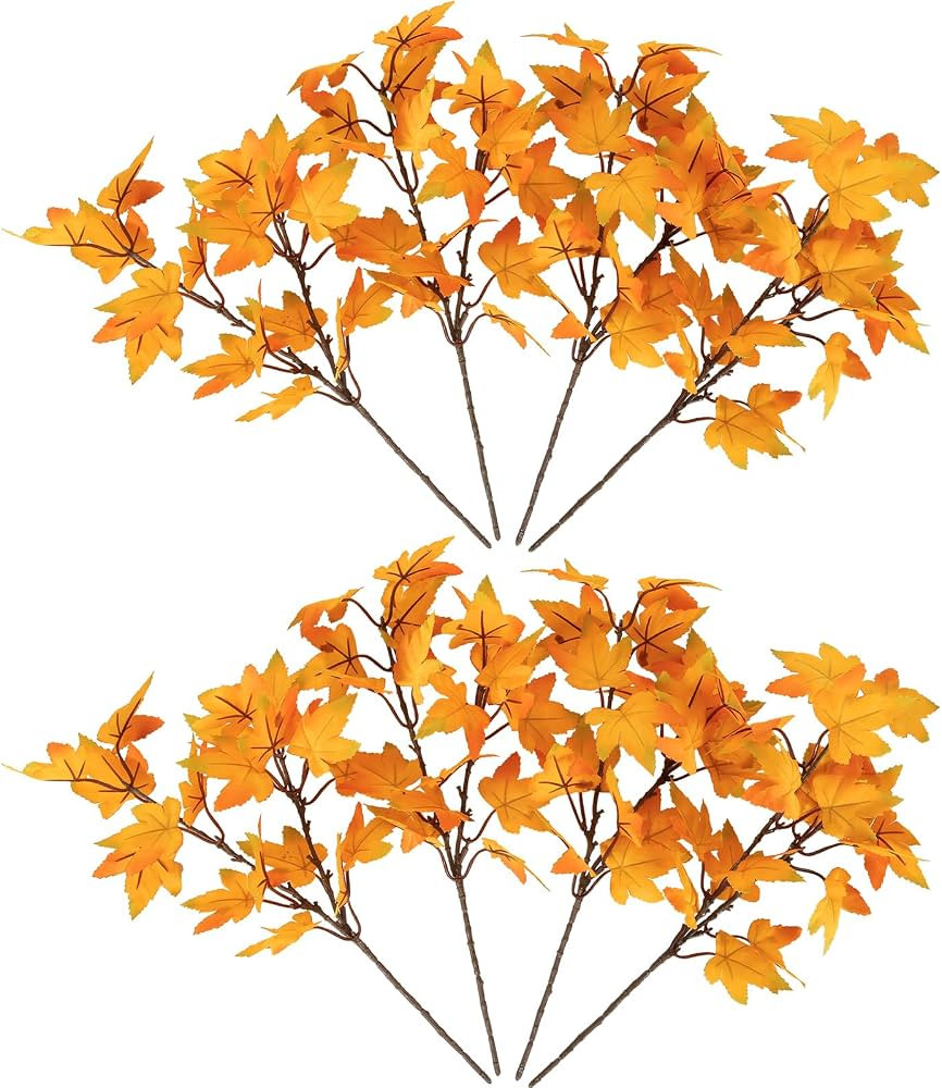 IPOPU 8PCS Artificial Maple Leaves Branches 14\u2019\u2019Fake Silk Fall Maple Shrubs Yellow Faux... | Amazon (US)