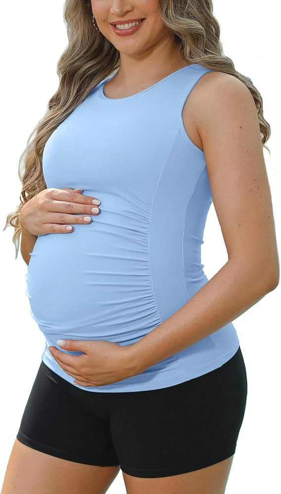 ATTRACO Women's Maternity Tank Tops with Built in Bra Side Ruched Sleeveless Pregnancy Tank | Amazon (US)
