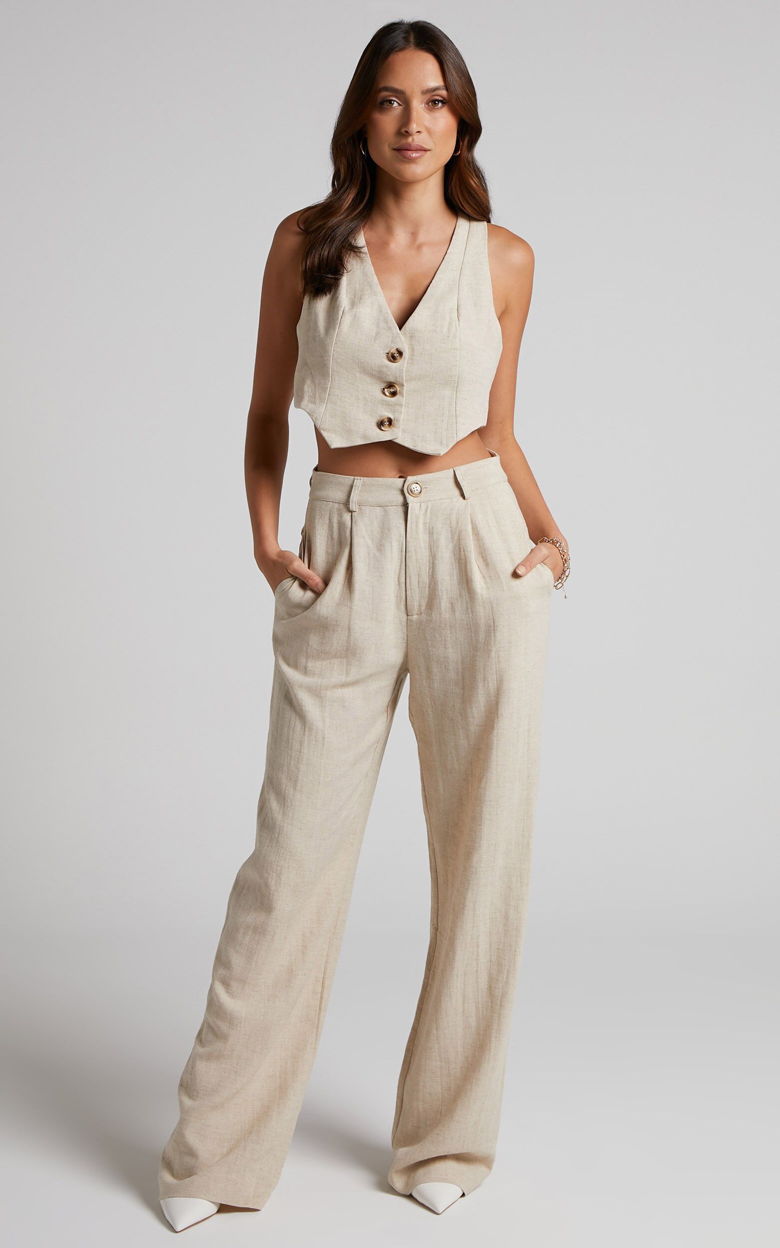 Larissa Trousers - Linen Look Mid Waisted Relaxed Straight Leg Trousers in Oatmeal | Showpo (US, UK & Europe)