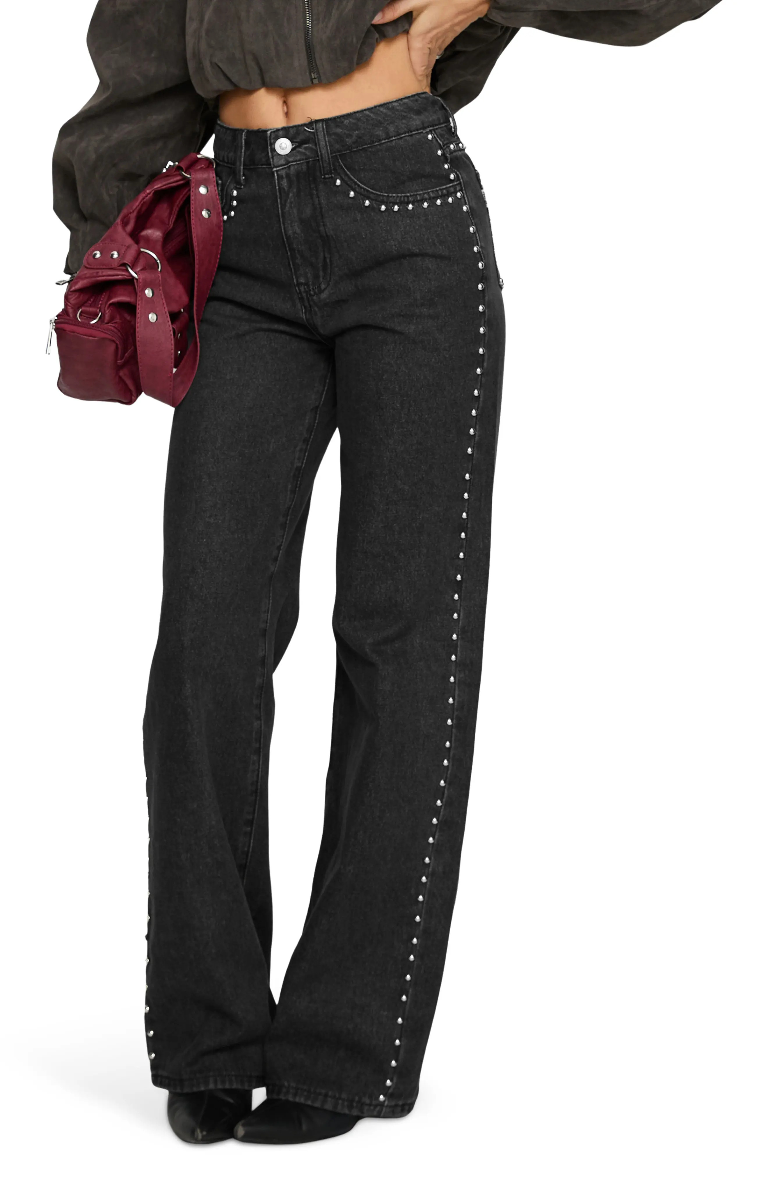 Princess Polly Saving Up Studded Mid Rise Straight Leg Jeans (Women) | Nordstrom | Nordstrom