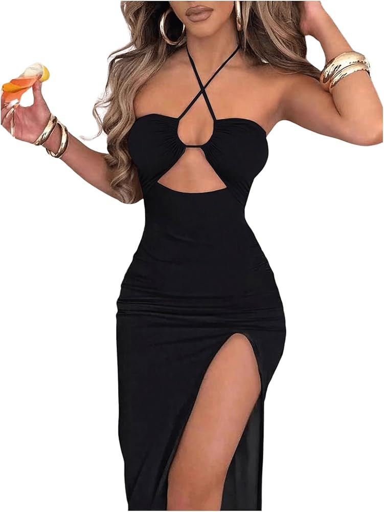SHENHE Women's Cut Out Criss Cross Split Thigh Backless Pencil Bodycon Halter Long Dress | Amazon (US)