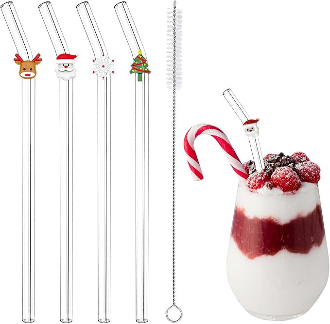4 Pcs Christmas Reusable Glass Straws, Cute Christmas Shaped with Cleaning Brush for Coffee, Smoo... | Amazon (CA)
