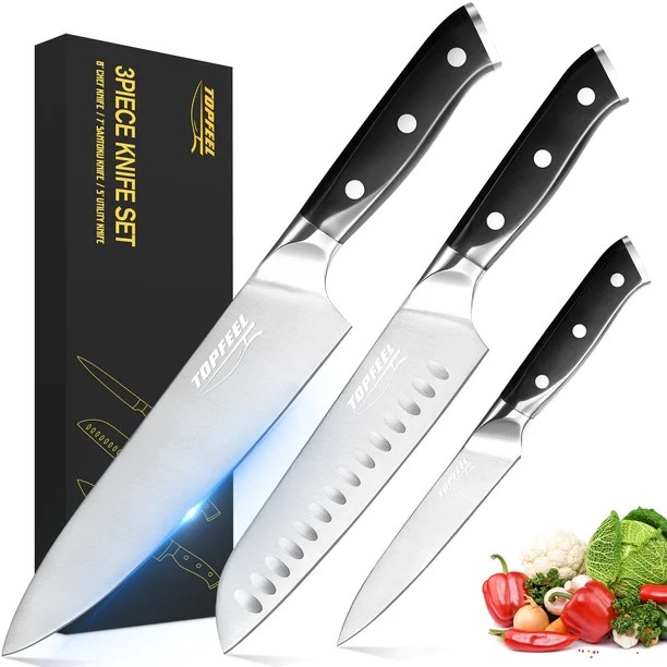 TOPFEEL Kitchen Knife Set, 3-piece Stainless Steel Chef Knife,Santoku Knife & Utility Knife with ... | Walmart (US)