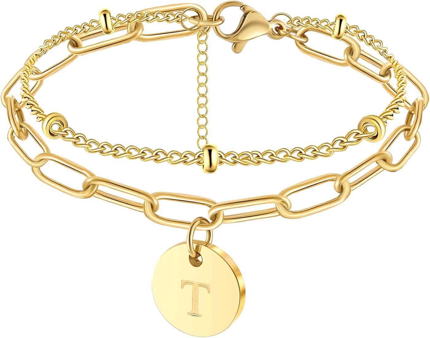 18K Gold Initial Bracelets for Teen Girls Women Beaded Initial Charm Bracelet for Women Adjustabl... | Amazon (US)