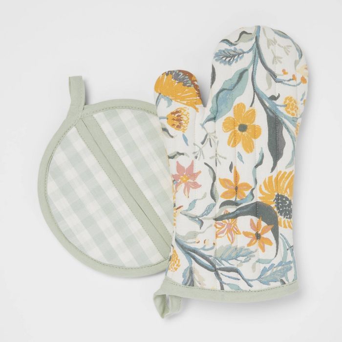 2pc Cotton Floral and Gingham Oven Mitt and Pot Holder Set Green - Threshold&#8482; | Target