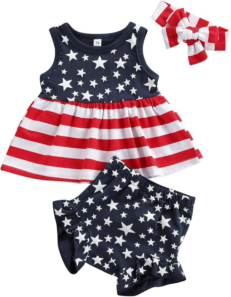 Newborn Baby Girls 3Pcs 4th of July Outfits Sleeveless Tank Tops Ruffles Shorts Clothes with Head... | Amazon (US)