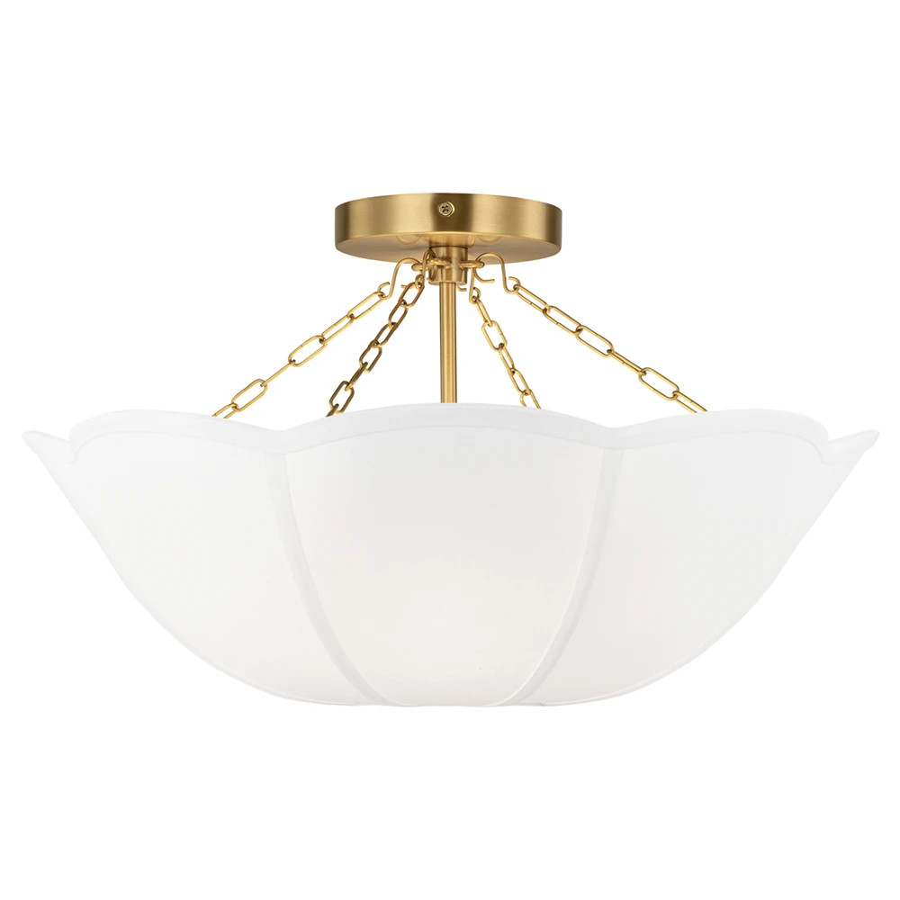 Visual Comfort Studio Stassi French Burnished Brass White Scalloped Shade Semi Flush Mount | Kathy Kuo Home