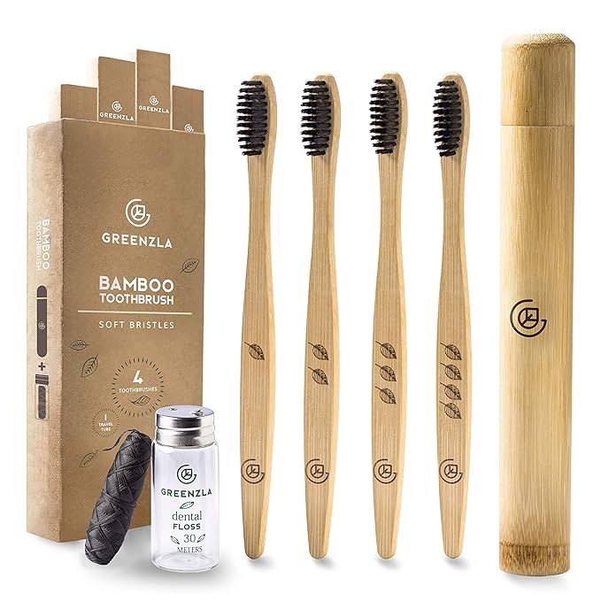 Greenzla Bamboo Toothbrush (4 Pack) with Travel Toothbrush Case & Charcoal Dental Floss | Natural... | Amazon (US)